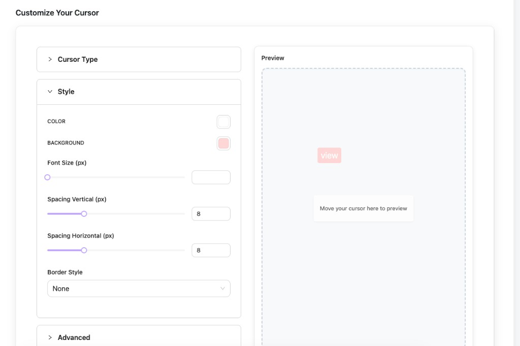 Style section with live preview