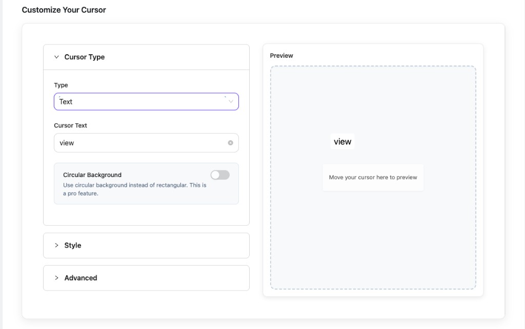 Cursor Type text field and preview